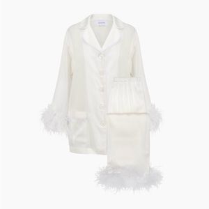 Sleeper Party Pajama Set with Double Feather Trim, M bottoms worn once,top never